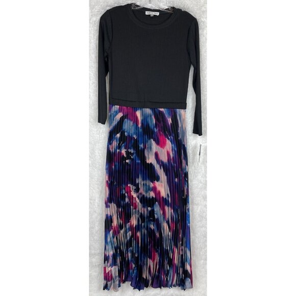 NWT Robbie Bee Petite Small Dress Black Ribbed Top Blue Purple Watercolor Bottom - Picture 1 of 8
